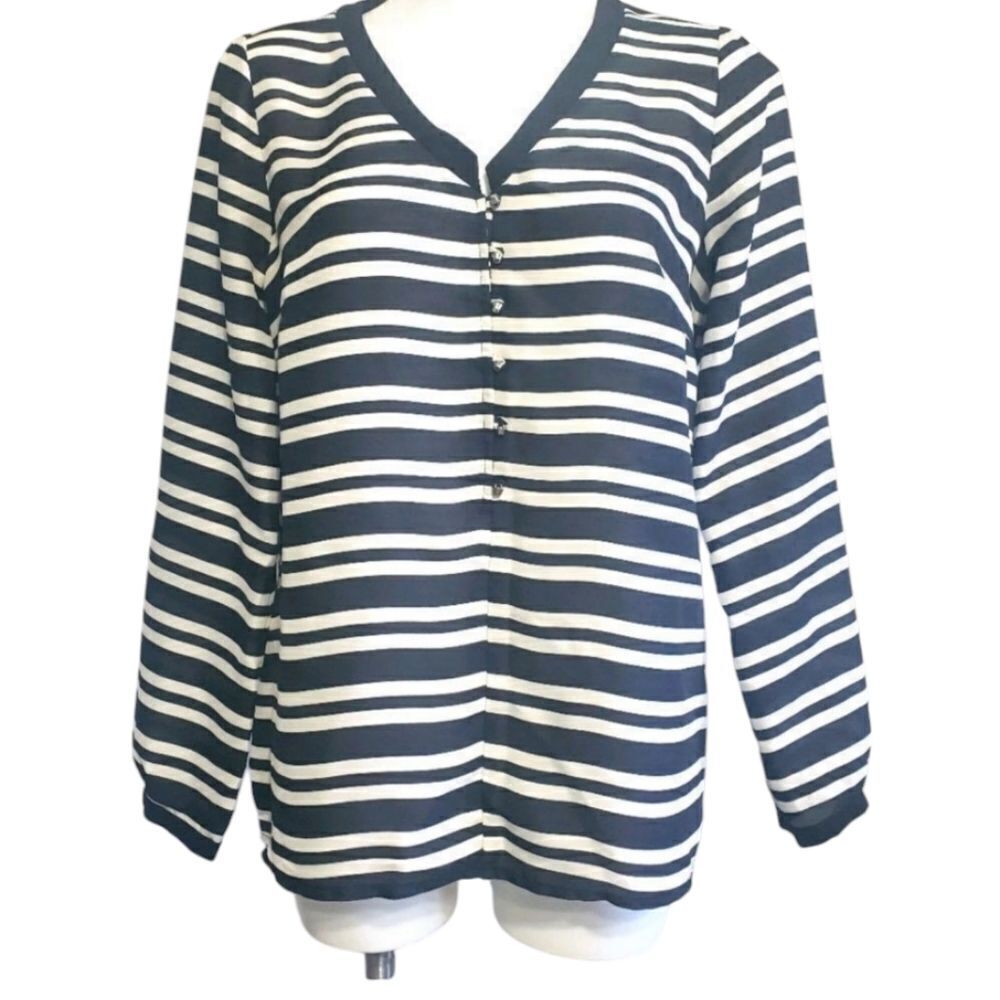Zara Basic top black white striped lightweight office career dressy M